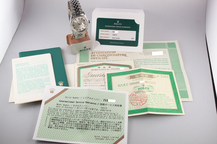 1971 Rolex DateJust 1603 Silver Wide Boy Dial with Double Papers, and Rolex Service Papers