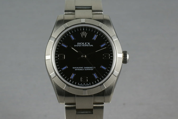 Rolex Midsize Oyster Black Arabic Numbers and Blue Markers 177210