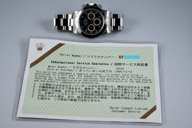 1997 Rolex SS Zenith Daytona 16520 Black Dial with RSC Papers