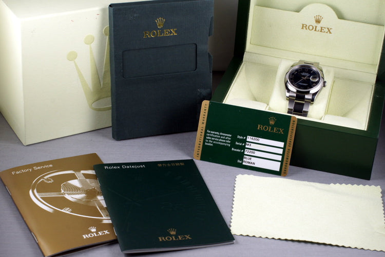 2007 Rolex Datejust 116200 Blue Roman Dial with Box and Papers