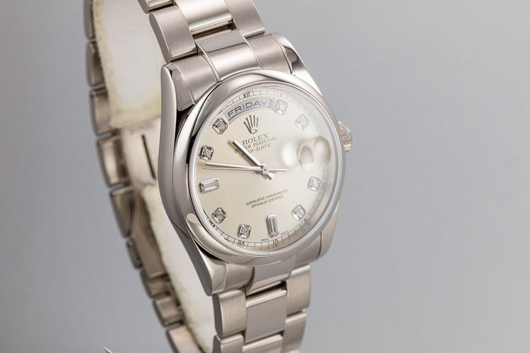 2001 Rolex 18K WG Day-Date 118209 Silver Diamond Dial with Box and Papers