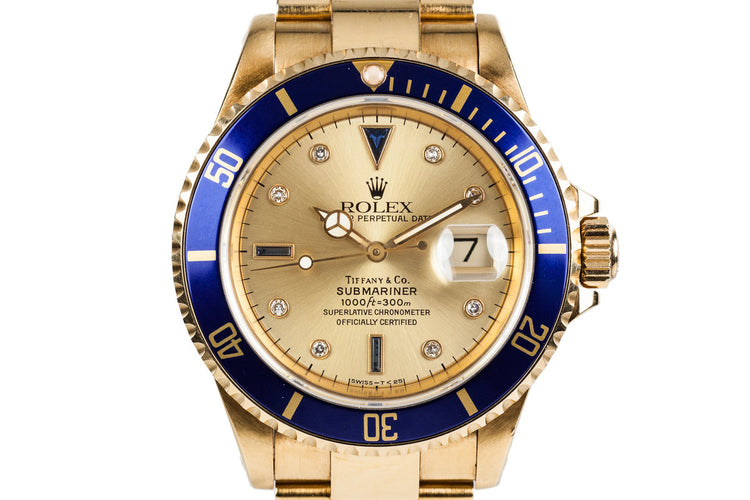 1990 Rolex YG Submariner 16618 Gold Tiffany & Co. Dial with Sapphire and Diamonds
