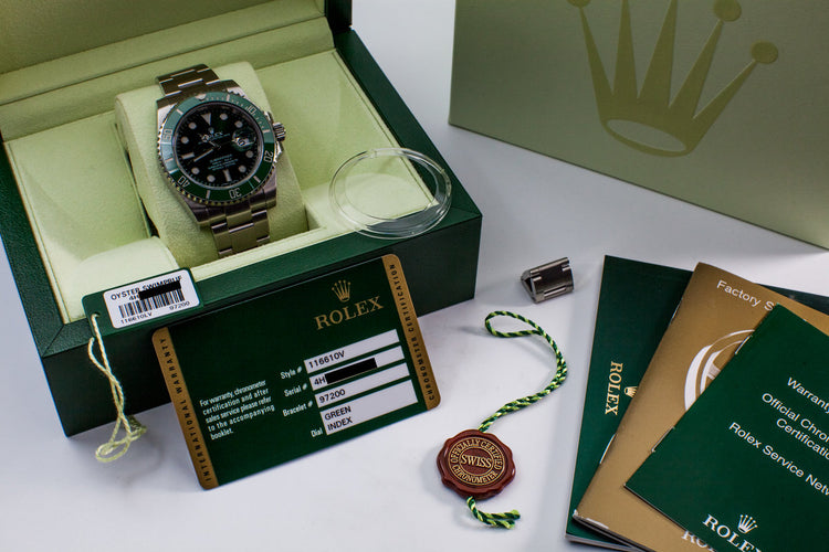 2013 Rolex Green Submariner 116610V with Box and Papers