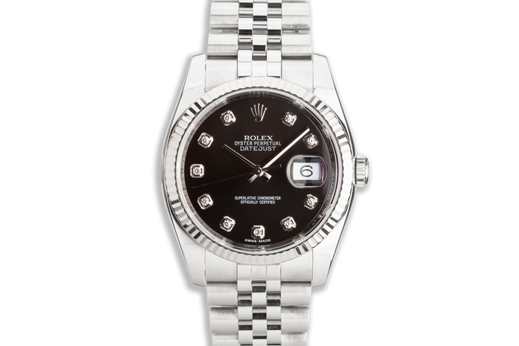 2012 Rolex DateJust 116234 with Black Dial Diamond Markers with Super Jubilee Bracelet, Box & Card