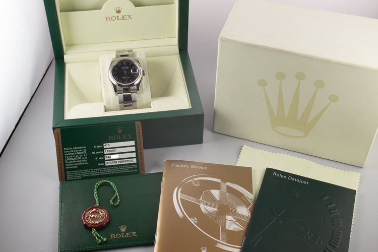 2009 Rolex DateJust 116200 Black No Lume Roman Numeral Dial with Box and Papers