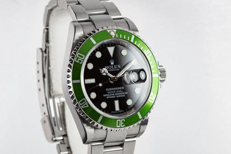 2006 Rolex Anniversary Green Submariner 16610LV with Box and Lime Green Bezel