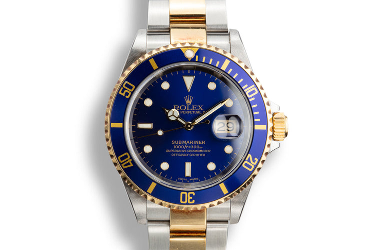 2002 Rolex Two-Tone Submariner 16613 Blue Dial with Box and Papers.