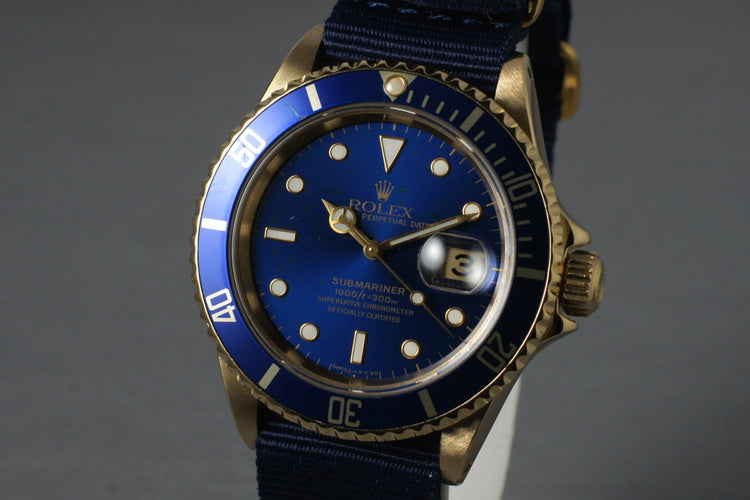 1991 Rolex 18K Blue Submariner 16618 with Box and Papers