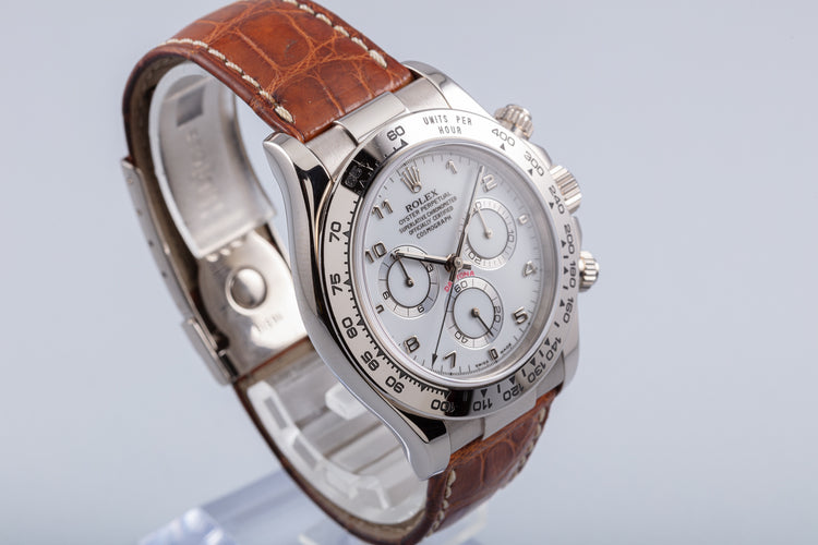 2002 18K White Gold Daytona 116519 White Arabic Dial on Leather Strap with Box & Papers