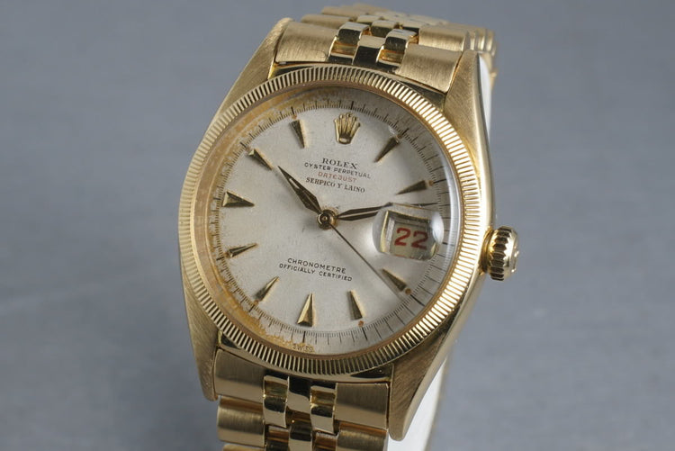 Rolex 18K Gold Datejust 6305 with Roulette date wheel and Serpico Y Laino