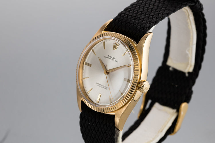 1959 Rolex 18K YG Oyster Perpetual 1013 with SWISS Only Silver Non-Luminous Dial