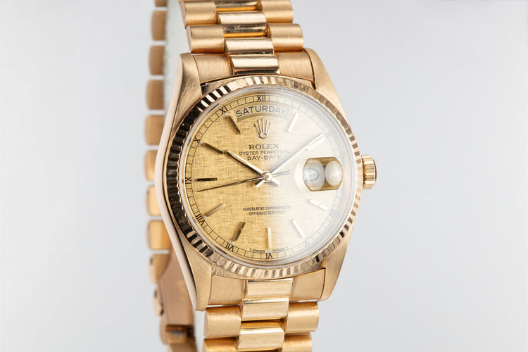 1985 Rolex 18K YG Day-Date 18038 with Gold Linen Dial