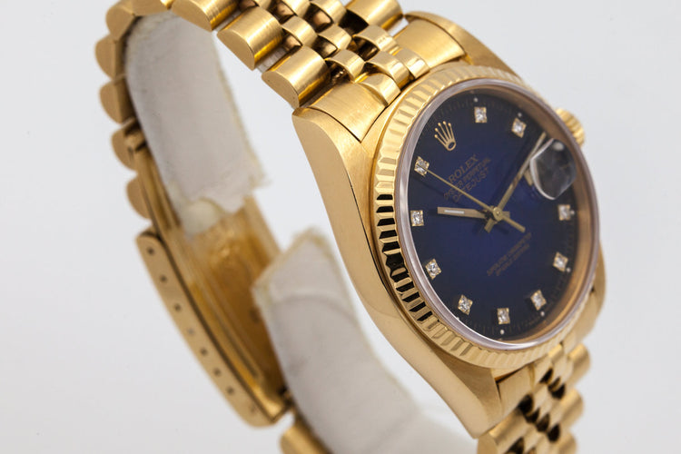 1982 Rolex YG Datejust 16018 Factory Diamond Blue Vignette Dial
