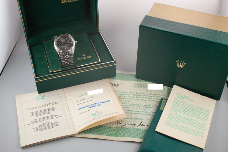 1972 Rolex DateJust 1601 No Lume Grey Dial with Box and Double Punched Papers