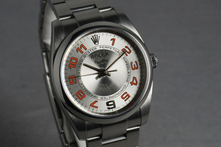 2006 Rolex Air-King M serial 114200 Silver Concentric and Orange Dial