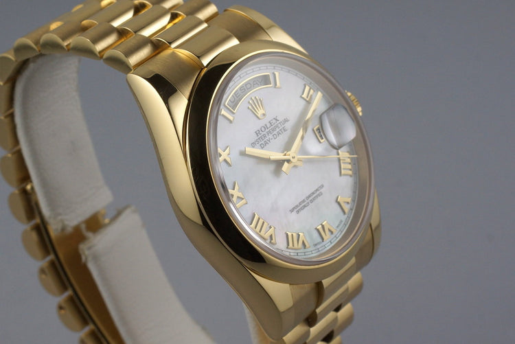 2002 Rolex YG Day-Date 118208 M-O-P Roman Dial with Box and Papers