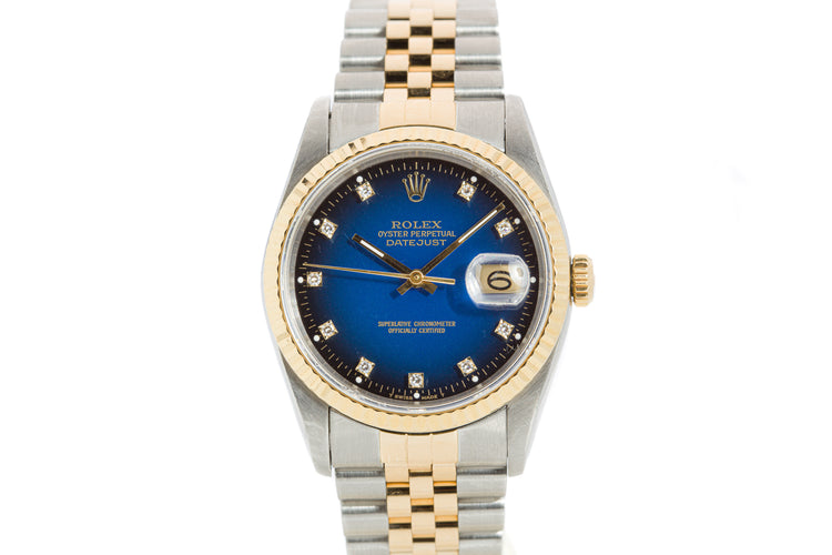 1990 Rolex 16233 Datejust Blue Diamond Vignette Dial Box, Tags & Papers