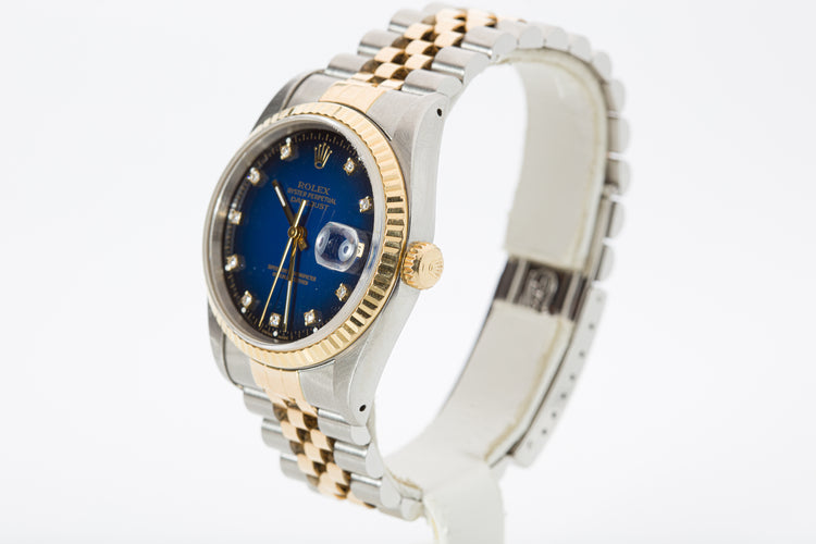 1990 Rolex 16233 Datejust Blue Diamond Vignette Dial Box, Tags & Papers