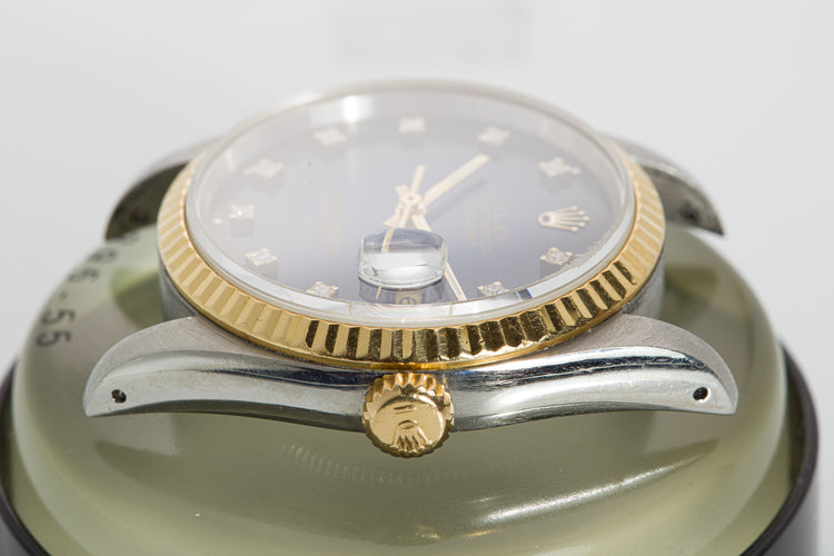 1990 Rolex 16233 Datejust Blue Diamond Vignette Dial Box, Tags & Papers