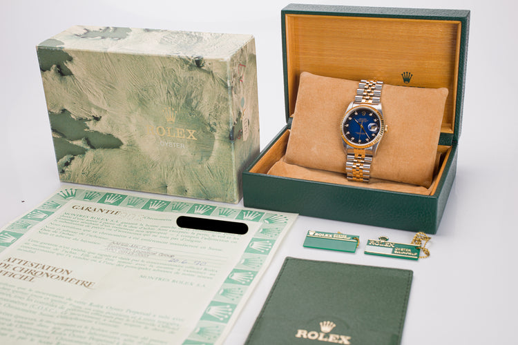 1990 Rolex 16233 Datejust Blue Diamond Vignette Dial Box, Tags & Papers
