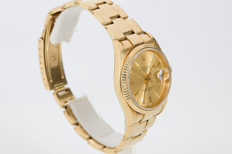 1990 Rolex 18k Date 15238 Champagne Dial Oyster Rivet bracelet W/ Box, Tags, Booklets