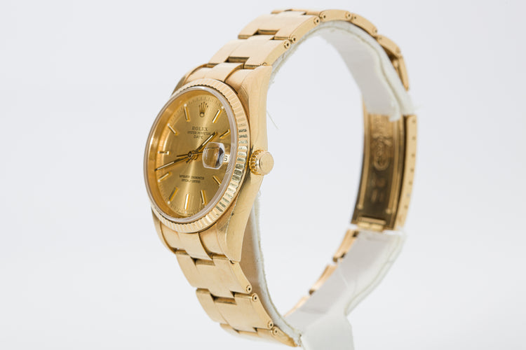 1990 Rolex 18k Date 15238 Champagne Dial Oyster Rivet bracelet W/ Box, Tags, Booklets