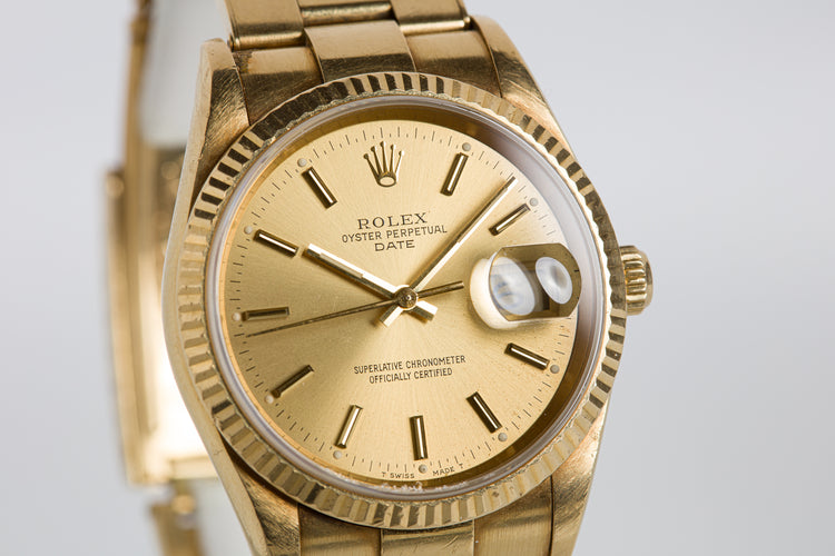 1990 Rolex 18k Date 15238 Champagne Dial Oyster Rivet bracelet W/ Box, Tags, Booklets