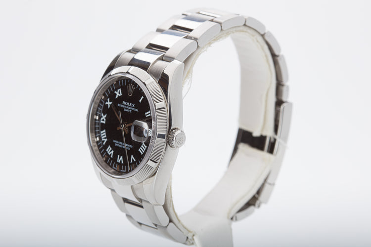 2007 Rolex 115210 Date Black Roman Dial Engine Turn Bezel
