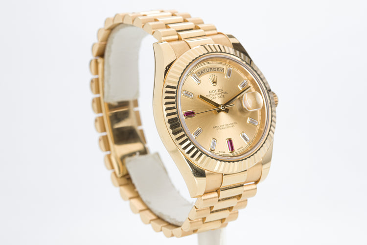 2014 Rolex 41mm Day-Date II 218238 18k Champagne 8 Diamonds 2 Ruby Baguettes Box & Card