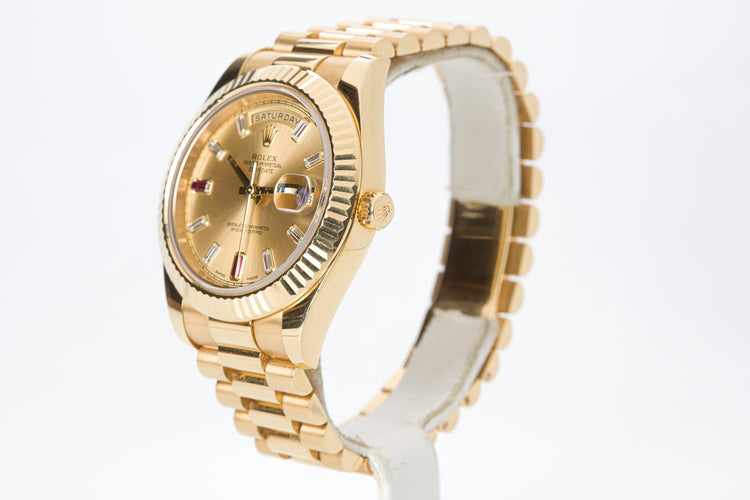 2014 Rolex 41mm Day-Date II 218238 18k Champagne 8 Diamonds 2 Ruby Baguettes Box & Card