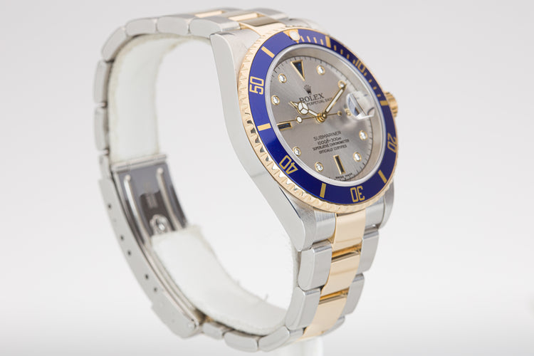 2006 Rolex 18k & St Submariner 16613T Gray Diamond & Sapphire Serti Dial