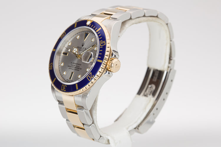 2006 Rolex 18k & St Submariner 16613T Gray Diamond & Sapphire Serti Dial