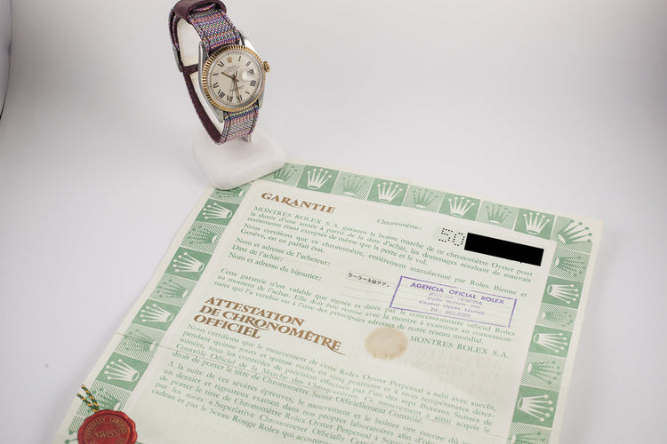 1977 Rolex Two Tone DateJust 1601 Roman Numeral Dial with Papers