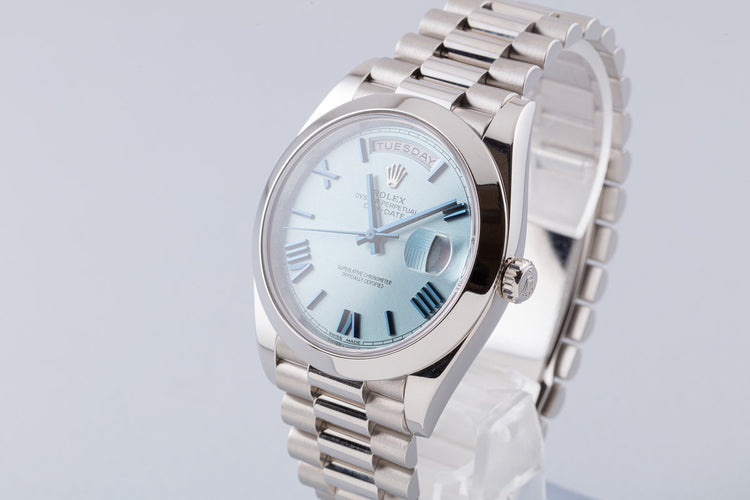 2018 Platinum Day Date 228206 with Glacier Blue Roman Quadrant Motif Dial and Box and Card