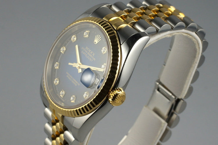 2004 Rolex Two Tone DateJust 116233 Factory Blue Vignette Diamond Dial with Box and Papers