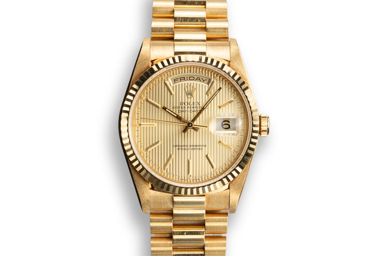 1990 Rolex 18K YG Day-Date 18238 Champagne Tapestry Dial with Papers