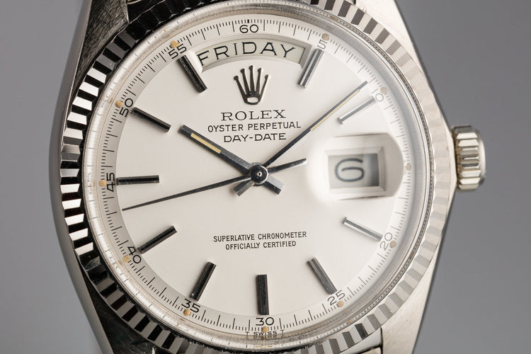 1972 Rolex 18K White Gold Day-Date 1803 Silver Dial with Box and Double Papers
