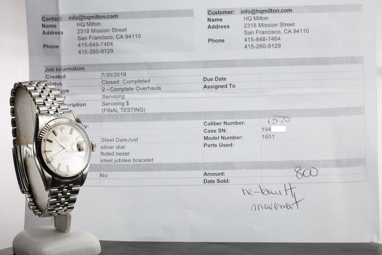 1968 Rolex DateJust 1601 No Lume Silver Dial with Service Papers