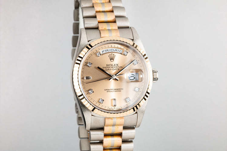 1995 Rolex Day-Date 18239 Tridor President with No Lume Salmon Diamond Dial