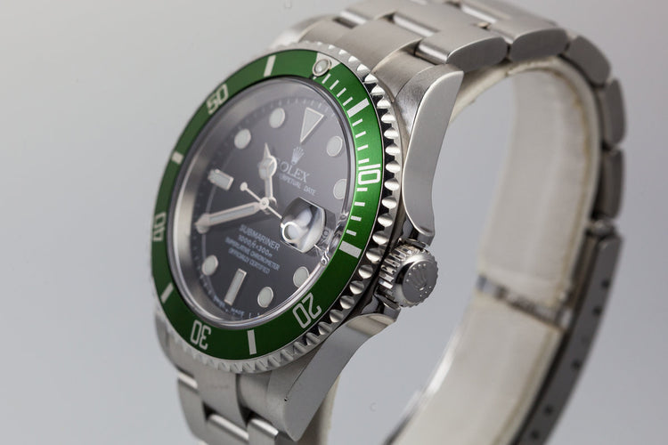 2003 Rolex Green Submariner 16610LV Mark 1 dial and Flat 4 Bezel with Box and Papers