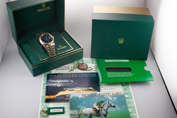 1990 Rolex Two Tone DateJust 16233 Blue Vingette Diamond Dial with Box and Papers