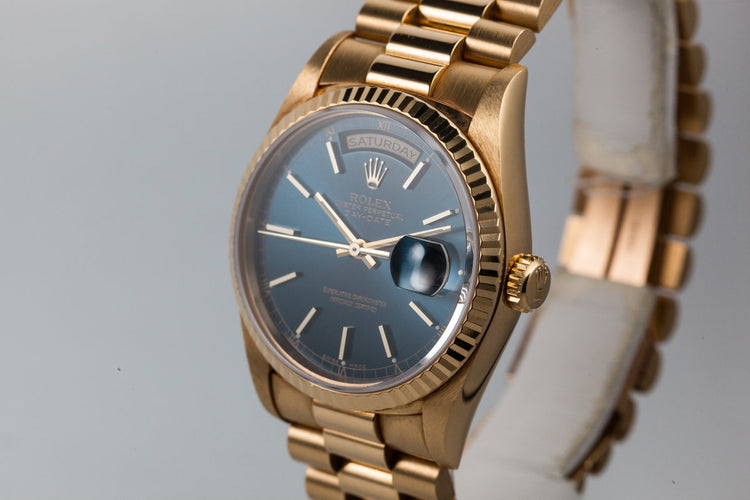 1995 Rolex 18K YG Day-Date 18238 Blue Dial with Box and Papers