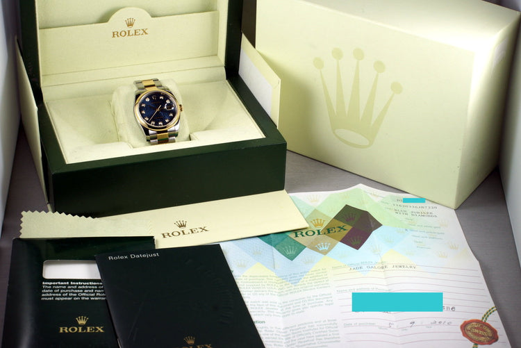 2005 Rolex Two Tone Datejust 116203 Factory Blue Diamond Dial with Box and Papers