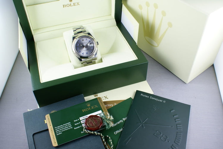 Rolex Datejust II 116334 with RHODIUM and BLUE ARABIC dial MINT