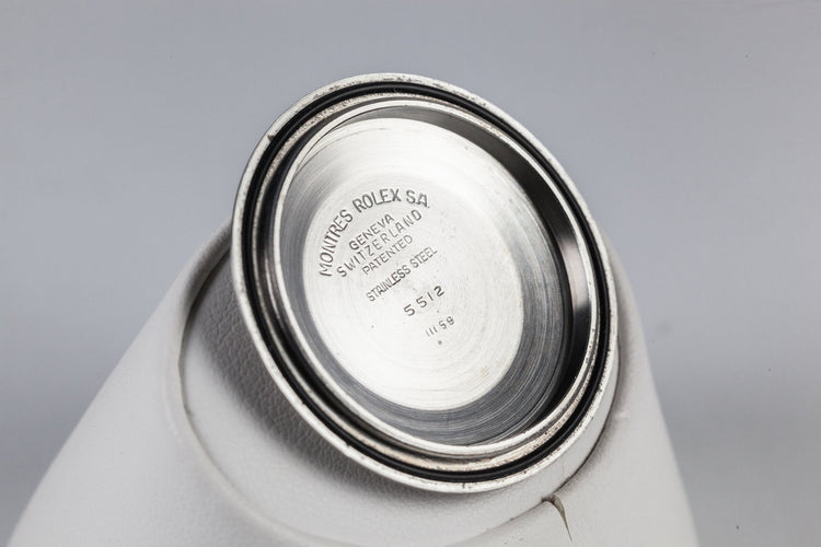 1959 Rolex Submariner 5512 with Tropical Gilt Chapter Ring Dial, Red Triangle Bezel, and Big Logo Stretch Bracelet