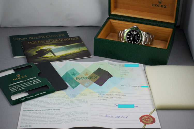 2005 Rolex Green Submariner 16610V with Box and Papers