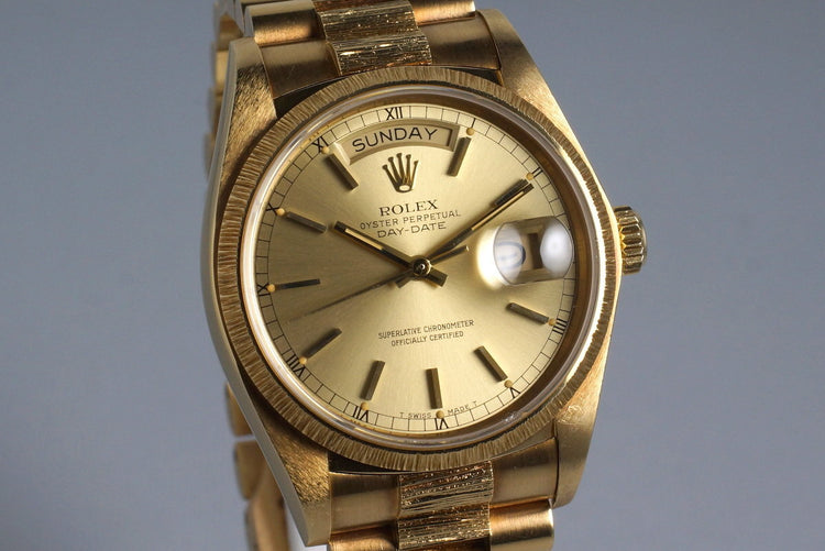 1979 Rolex YG Bark Day Date 18078 Champagne Dial with Box and Papers