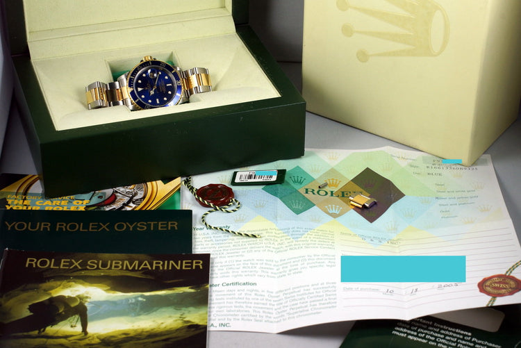 2004 Rolex Two Tone Blue Submariner 16613 with Box and Papers