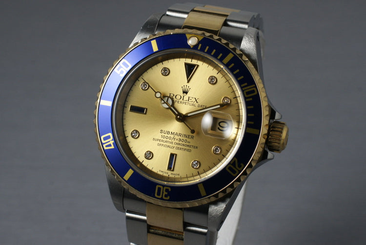 2000 Rolex Two Tone Submariner 16613 Serti Dial with Box and Papers