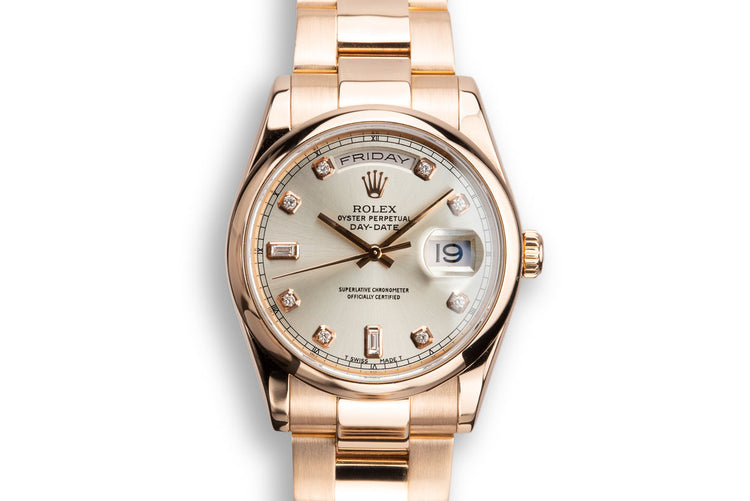 2000 Rolex 18K Rose Gold Day-Date 118205 Silver Diamond Dial with Box and Papers